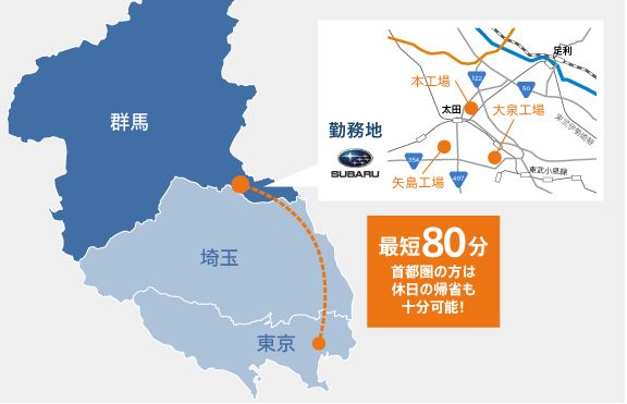 スバルから東京までの地図